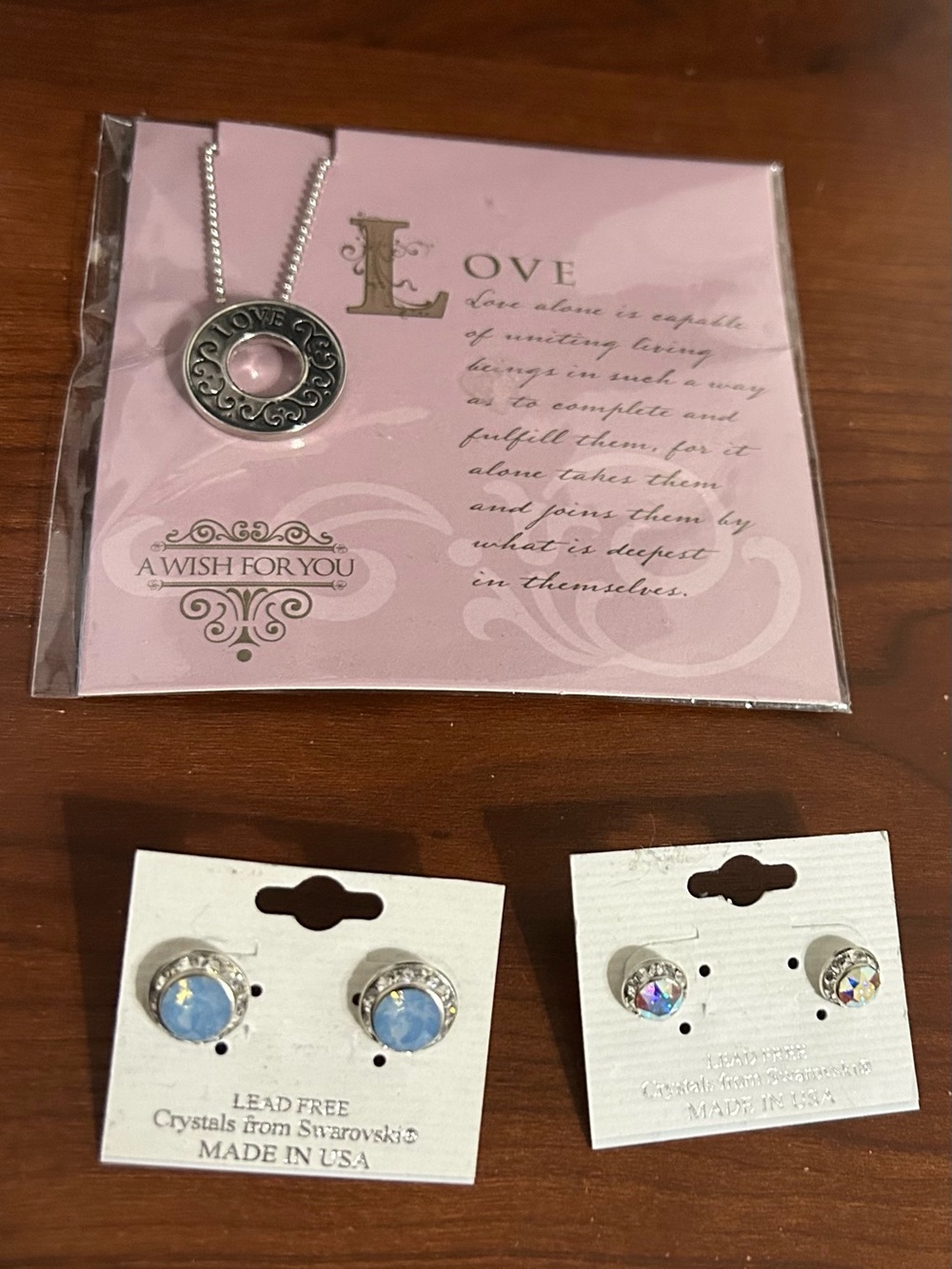 Silver Circle Pendant Necklace with Blue Crystal Stud Earrings - A Wish For You
